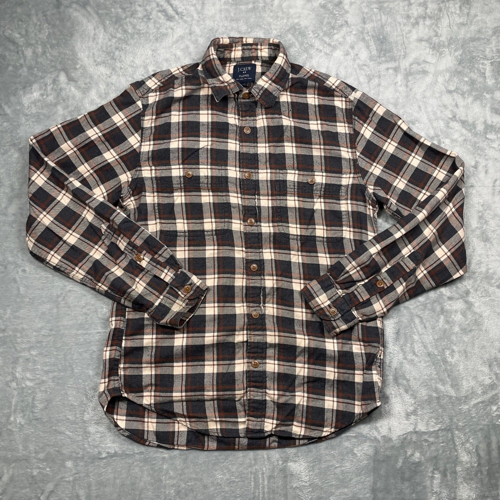 J.Crew Flannel Shirt Mens Small Navy Brown Plaid Long Sleeve Button Down